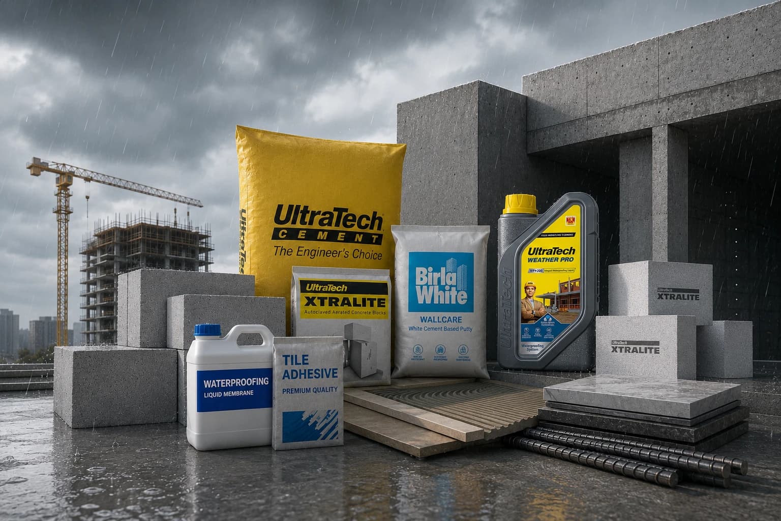 Full range of materials supplied: UltraTech cement, Xtralite AAC blocks, Birla White putty, UltraTech Weather Pro waterproofing, tile adhesive and reinforcement steel